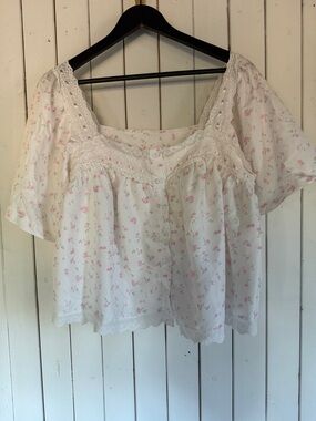 White Floral Lace-Trim Peasant Top - White with Pink Floral DOLL BLOUSE